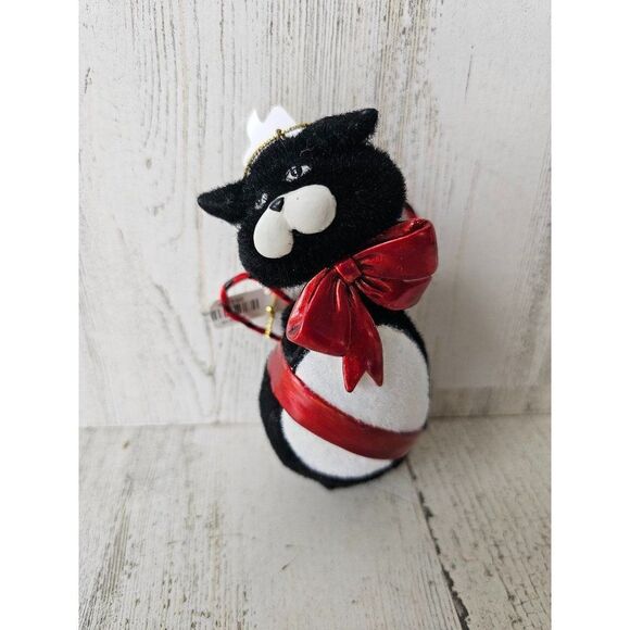 Dept 56 black cat fuzzy ornament Xmas tree bow present - Picture 1 of 8